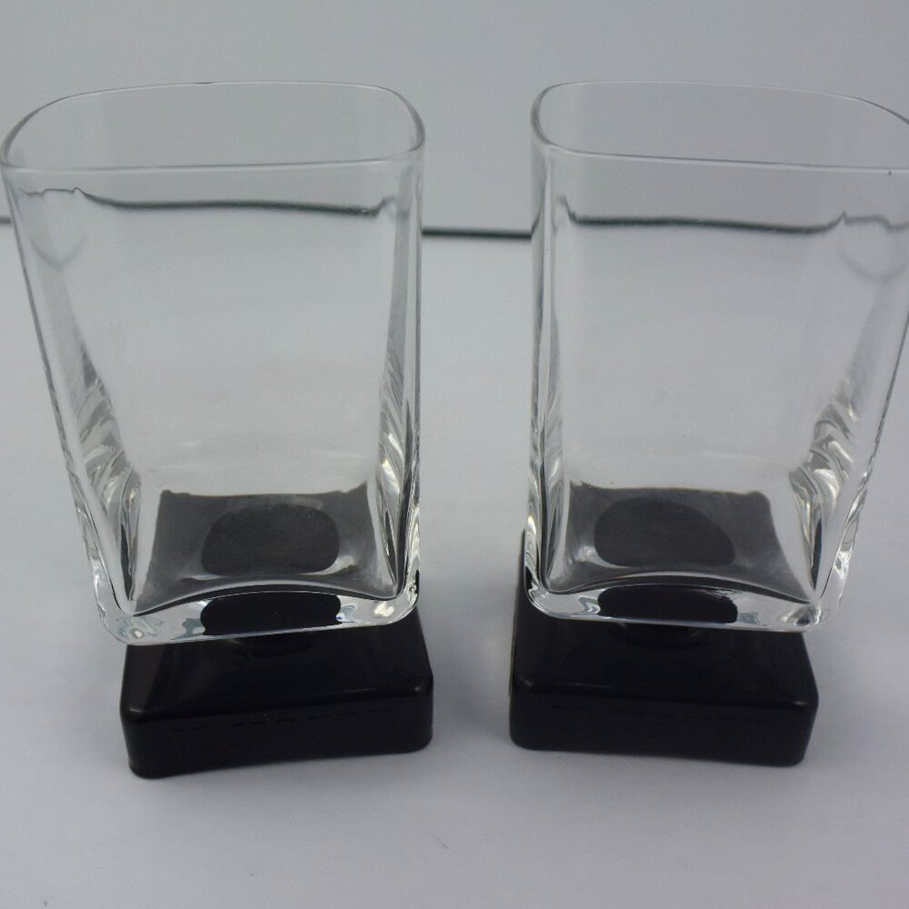 2 Vintage Disaronno Liqueur Pedestal Glasses Square w Black Embossed Bases